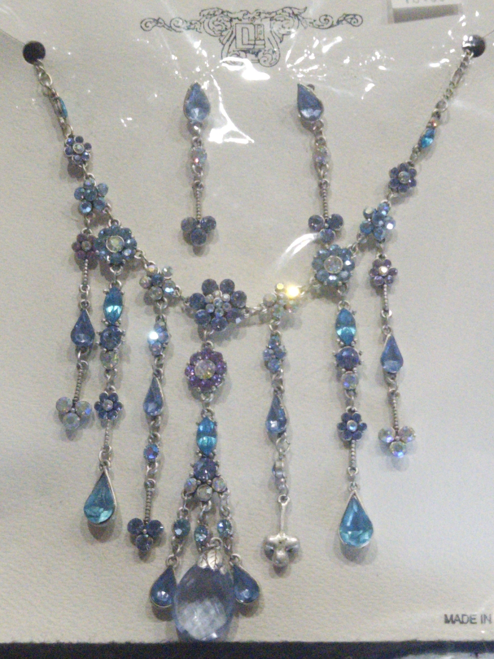 Vintage DL Logo Blue Purple Rhinestone Fringe Chandelier Necklace Earring Set